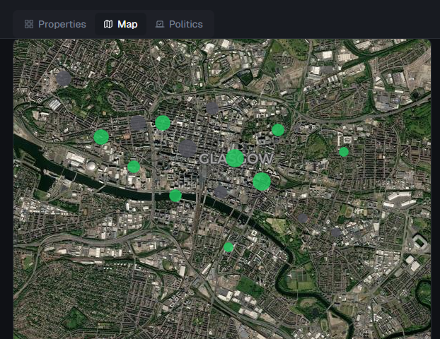 Sim Glasgow map view — satellite image of Glasgow city centre with player-owned plots marked